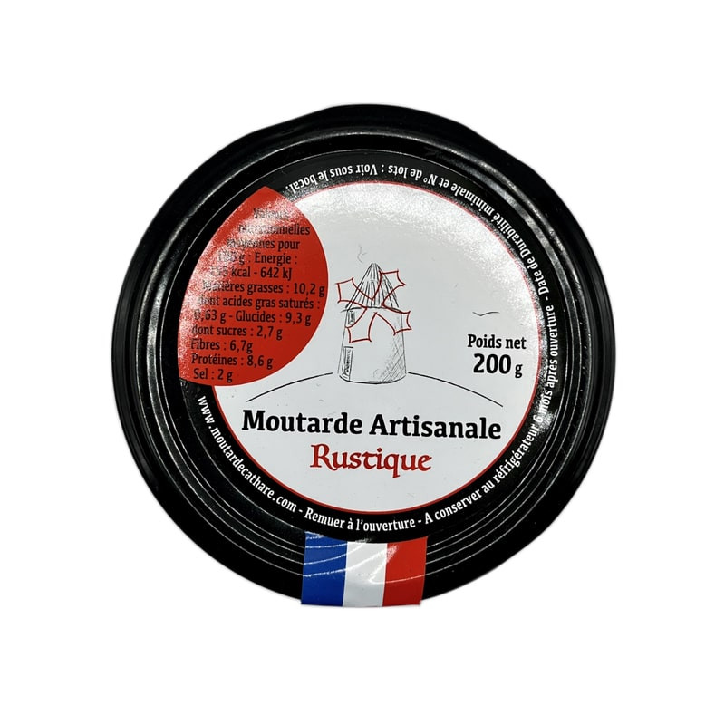 Couvercle du pot de moutarde artisanale rustique de la marque Moutarde Cathare